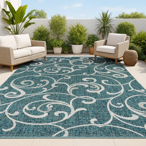 HomeRoots 8' X 10' Turquoise and Cream Floral Area Rug - Stylish Indoor/Outdoor Design for Modern Spaces 703692