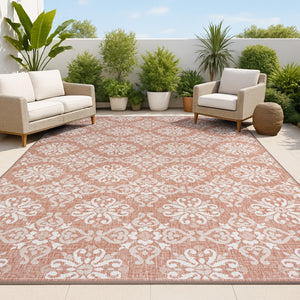 HomeRoots 5' Indoor Outdoor Salmon & Cream Floral Area Rug – Elegant, Durable, Easy-Care for Any Space! 703695