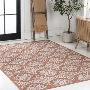 HomeRoots 5' Indoor Outdoor Salmon & Cream Floral Area Rug – Elegant, Durable, Easy-Care for Any Space! 703695