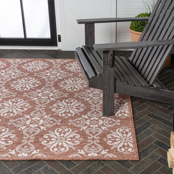 HomeRoots 5' Indoor Outdoor Salmon & Cream Floral Area Rug – Elegant, Durable, Easy-Care for Any Space! 703695