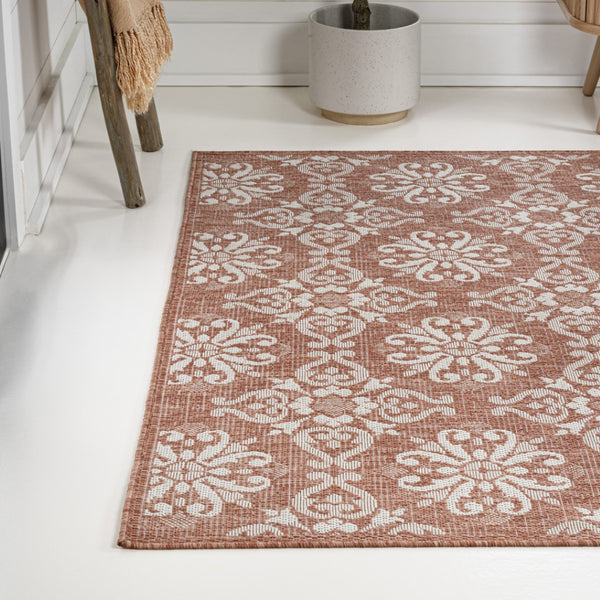 HomeRoots 8' X 10' Salmon and Cream Floral Area Rug - Durable Indoor/Outdoor Style for Elegant Spaces 703696