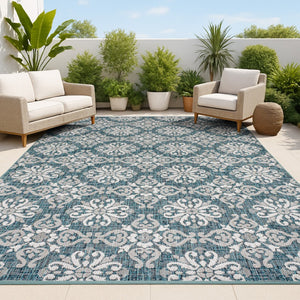 HomeRoots 5' Vibrant Turquoise and Cream Floral Indoor Outdoor Area Rug – Stylish, Durable, Easy to Clean! 703699