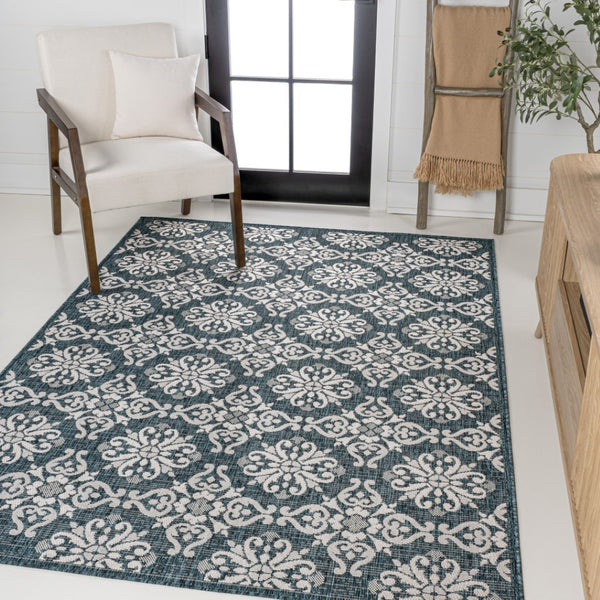 HomeRoots 5' Vibrant Turquoise and Cream Floral Indoor Outdoor Area Rug – Stylish, Durable, Easy to Clean! 703699