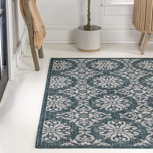 HomeRoots 5' Vibrant Turquoise and Cream Floral Indoor Outdoor Area Rug – Stylish, Durable, Easy to Clean! 703699