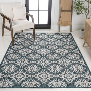 HomeRoots 5' Vibrant Turquoise and Cream Floral Indoor Outdoor Area Rug – Stylish, Durable, Easy to Clean! 703699