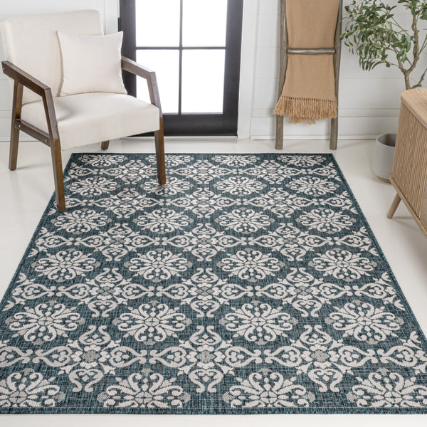 HomeRoots 5' Vibrant Turquoise and Cream Floral Indoor Outdoor Area Rug – Stylish, Durable, Easy to Clean! 703699