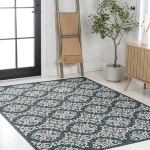 HomeRoots 5' Vibrant Turquoise and Cream Floral Indoor Outdoor Area Rug – Stylish, Durable, Easy to Clean! 703699