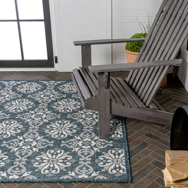 HomeRoots 5' Vibrant Turquoise and Cream Floral Indoor Outdoor Area Rug – Stylish, Durable, Easy to Clean! 703699