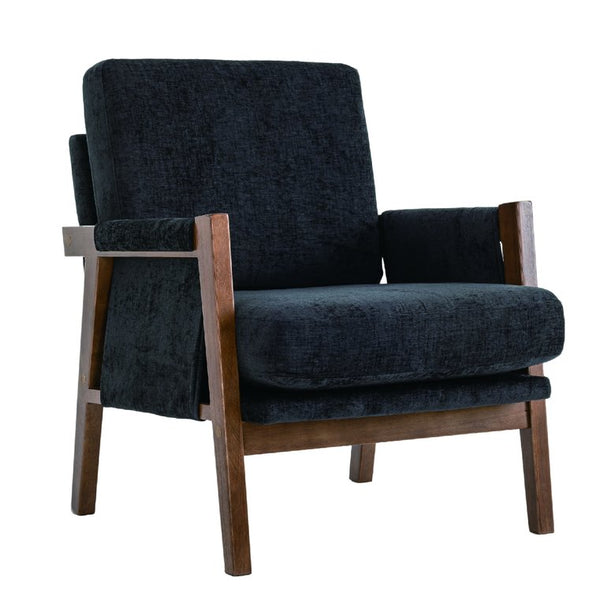 English Elm Mid-Century Solid Wood Accent Chair with Chenille Upholstery, Ergonomic Waist Support, Sturdy 300lb Capacity Black T3903P372382