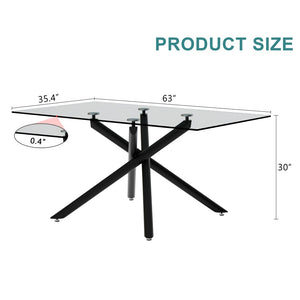 English Elm Large Tempered Glass Rectangular Dining Table Seats Six with Matte Black Metal Frame W1151S04538