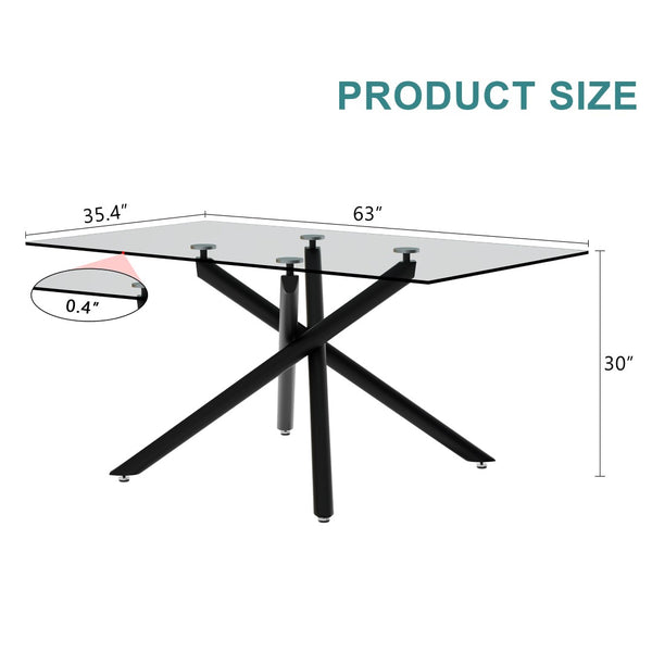 English Elm Large Tempered Glass Rectangular Dining Table Seats Six with Matte Black Metal Frame W1151S04538