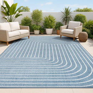 HomeRoots 8' Dark Blue and Cream Striped Area Rug - Versatile Indoor/Outdoor Design, Durable and Easy Care! 703717
