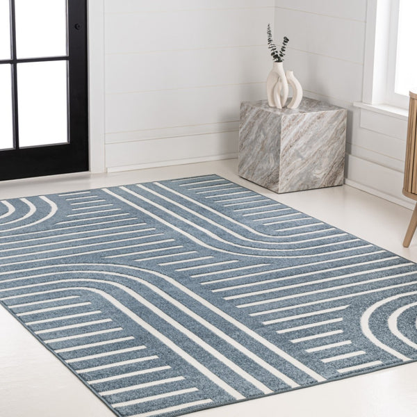 HomeRoots 8' X 10' Navy Blue and Cream Striped Indoor/Outdoor Rug - Durable, Stylish, Easy Care for Any Space! 703726