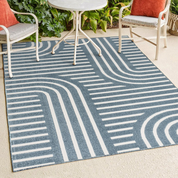 HomeRoots 8' X 10' Navy Blue and Cream Striped Indoor/Outdoor Rug - Durable, Stylish, Easy Care for Any Space! 703726