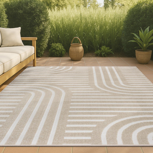 HomeRoots 8' Beige and Cream Striped Indoor Outdoor Area Rug – Durable, Easy-Clean, Stylish for Any Space 703728