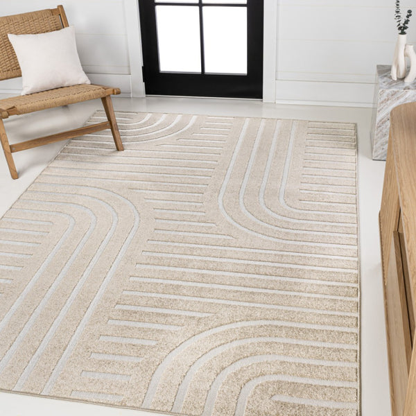 HomeRoots 8' Beige and Cream Striped Indoor Outdoor Area Rug – Durable, Easy-Clean, Stylish for Any Space 703728