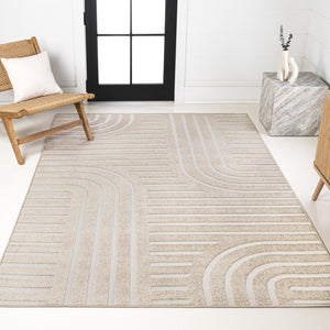 HomeRoots 8' Beige and Cream Striped Indoor Outdoor Area Rug – Durable, Easy-Clean, Stylish for Any Space 703728