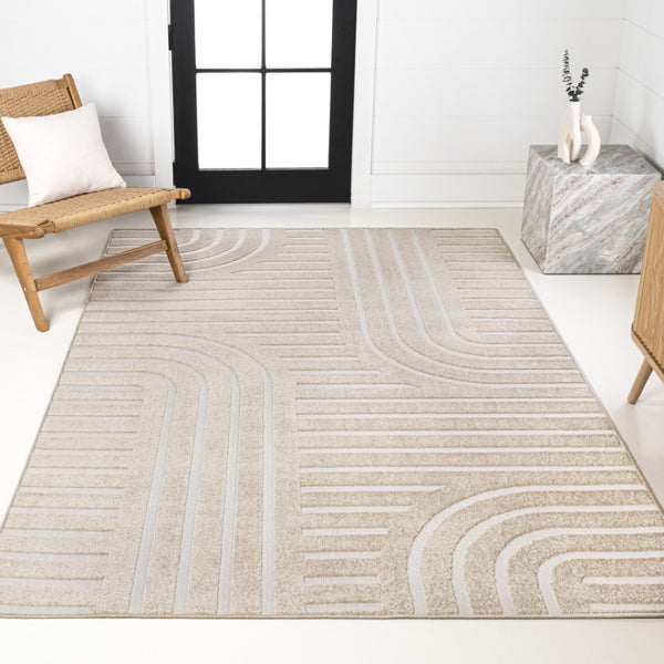 HomeRoots 8' Beige and Cream Striped Indoor Outdoor Area Rug – Durable, Easy-Clean, Stylish for Any Space 703728