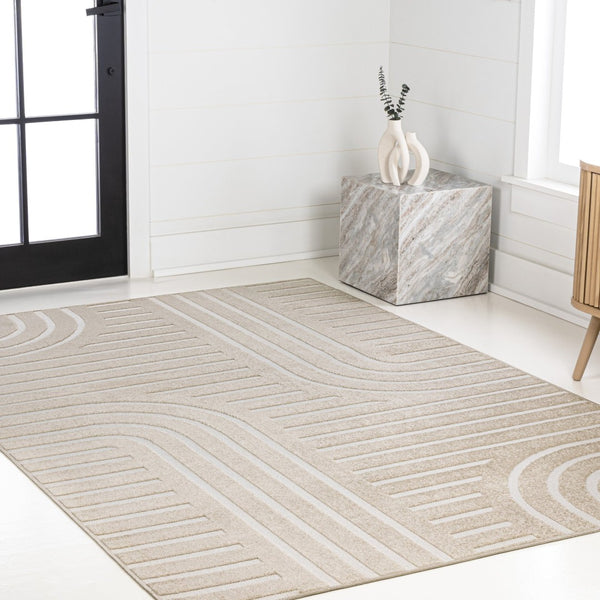 HomeRoots 8' Beige and Cream Striped Indoor Outdoor Area Rug – Durable, Easy-Clean, Stylish for Any Space 703728