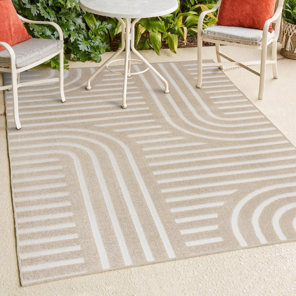 HomeRoots 8' Beige and Cream Striped Indoor Outdoor Area Rug – Durable, Easy-Clean, Stylish for Any Space 703728