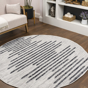 HomeRoots 8' Ivory and Black Round Striped Area Rug - Stylish, Durable Indoor/Outdoor Design for Any Space 703737