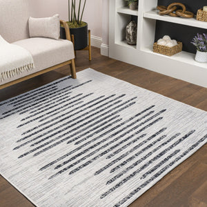 HomeRoots 9' Ivory and Black Striped Area Rug – Modern Outdoor/Indoor Square Rug for Stylish Spaces, Durable Design 703740