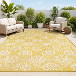 HomeRoots 5' Yellow and Cream Floral Area Rug - Durable Indoor/Outdoor Design for Timeless Style and Versatility 703773