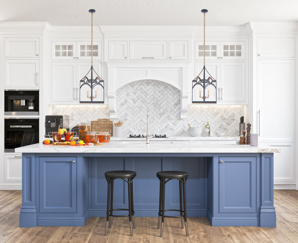 Chelsea House Quatrefoil Lantern By Lisa Kahn — Navy & Gold 30" Hanging Light, Quatrefoil Frame, Transitional Elegance 70378