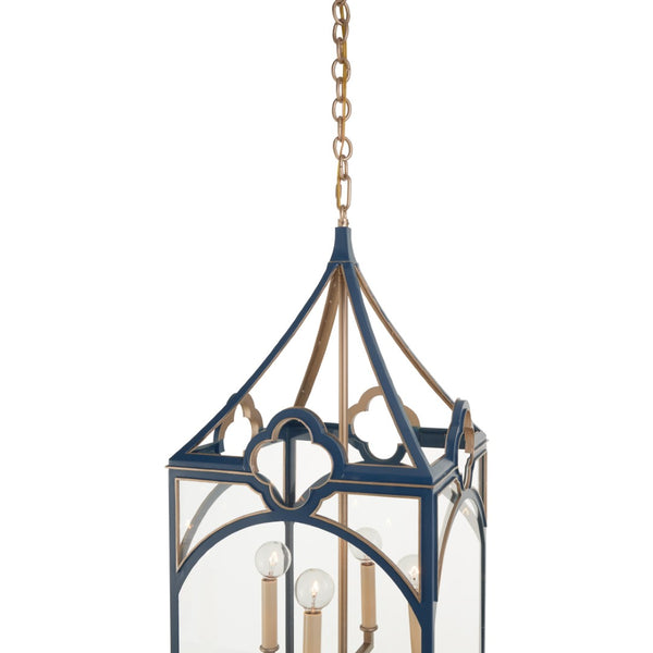 Chelsea House Quatrefoil Lantern By Lisa Kahn — Navy & Gold 30" Hanging Light, Quatrefoil Frame, Transitional Elegance 70378