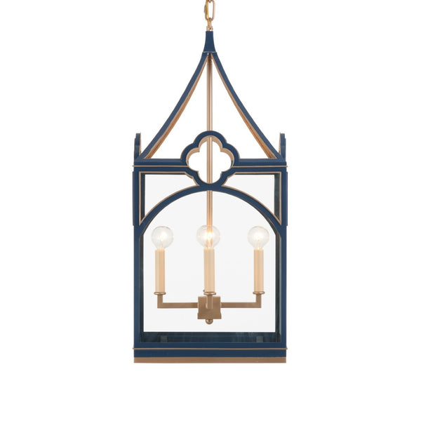 Chelsea House Quatrefoil Lantern By Lisa Kahn — Navy & Gold 30" Hanging Light, Quatrefoil Frame, Transitional Elegance 70378