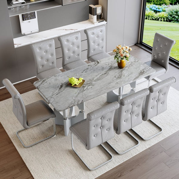 English Elm Modern 9 Piece Glam Dining Set Faux Marble Table Tufted Pvc Chairs Seats Eight Grey W3875S00063