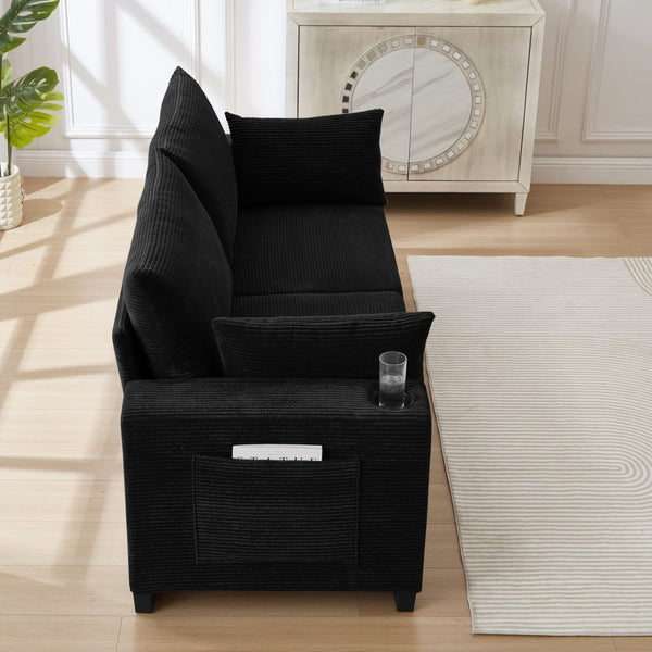 English Elm 78"corduroy Plush Three Seat Sofa with Usb Ports Cup Holders Deep Cushions Apartment Black W3705P455916