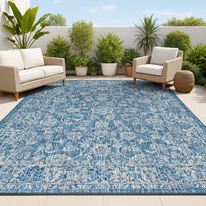 HomeRoots 5' Stylish Navy Blue and Gray Medallion Area Rug - Durable, Versatile for Indoor & Outdoor Spaces! 703806