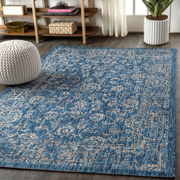 HomeRoots 5' Stylish Navy Blue and Gray Medallion Area Rug - Durable, Versatile for Indoor & Outdoor Spaces! 703806