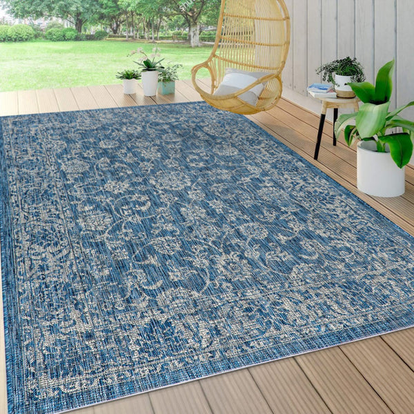 HomeRoots 5' Stylish Navy Blue and Gray Medallion Area Rug - Durable, Versatile for Indoor & Outdoor Spaces! 703806