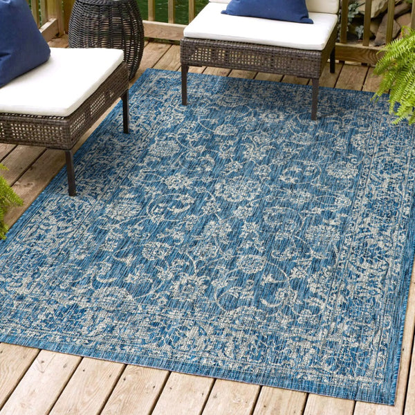 HomeRoots 5' Stylish Navy Blue and Gray Medallion Area Rug - Durable, Versatile for Indoor & Outdoor Spaces! 703806