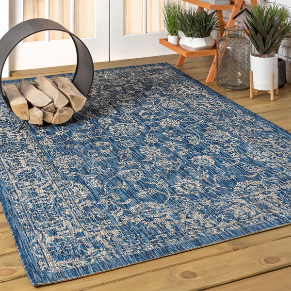 HomeRoots 8' X 10' Navy Blue and Gray Medallion Area Rug - Stylish Indoor/Outdoor Elegance, Easy Care & Durable 703807