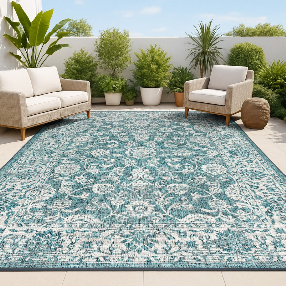 HomeRoots 8' Teal Blue and Gray Medallion Area Rug – Stylish Weather-Resistant Indoor/Outdoor Carpet for All Spaces 703812