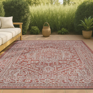HomeRoots 5' Red and Taupe Medallion Area Rug – Stylish Indoor/Outdoor Decor, Durable, Fade-Resistant, Versatile! 703816