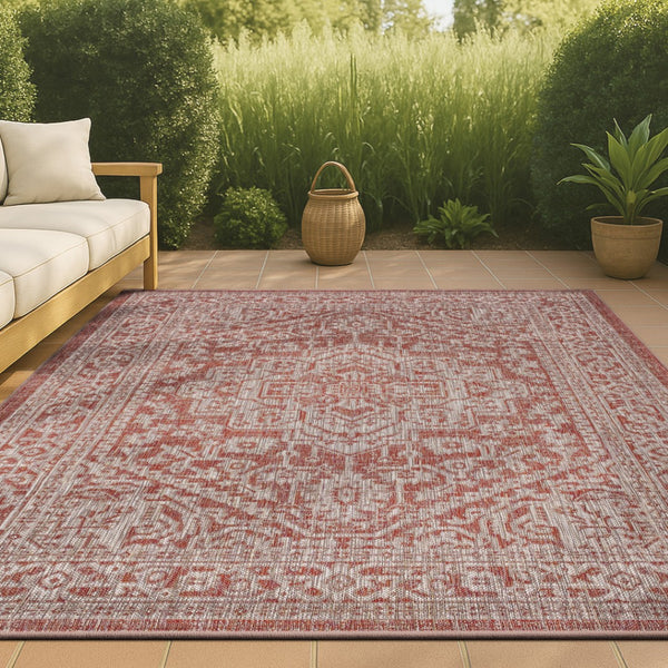 HomeRoots 5' Red and Taupe Medallion Area Rug – Stylish Indoor/Outdoor Decor, Durable, Fade-Resistant, Versatile! 703816