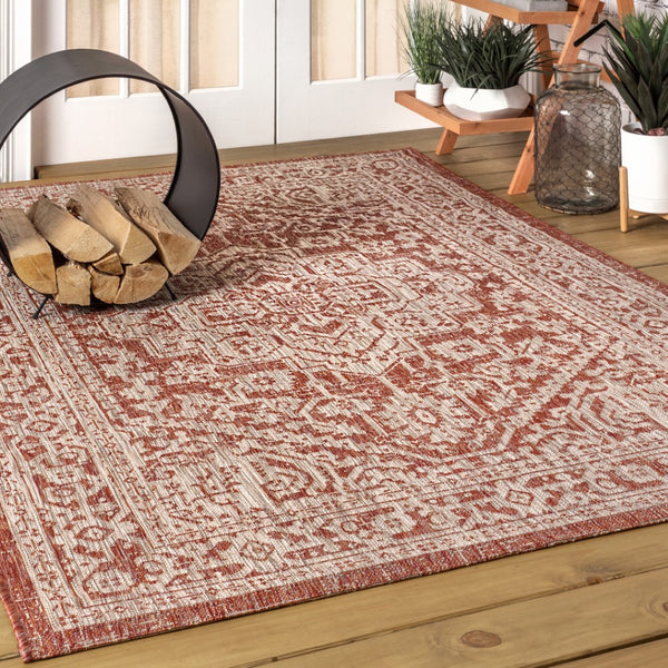 HomeRoots 5' Red and Taupe Medallion Area Rug – Stylish Indoor/Outdoor Decor, Durable, Fade-Resistant, Versatile! 703816