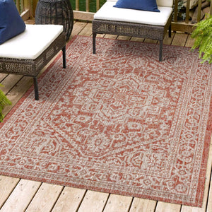 HomeRoots 5' Red and Taupe Medallion Area Rug – Stylish Indoor/Outdoor Decor, Durable, Fade-Resistant, Versatile! 703816