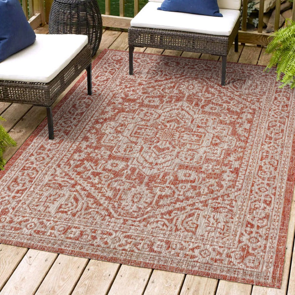 HomeRoots 5' Red and Taupe Medallion Area Rug – Stylish Indoor/Outdoor Decor, Durable, Fade-Resistant, Versatile! 703816