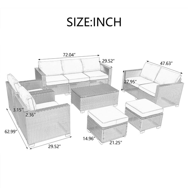 English Elm 10 PE Rattan Patio Furniture Set - 10-Piece Sectional Sofa with Dark Blue Cushions & Glass Storage Table Brown Multi W1703S00046