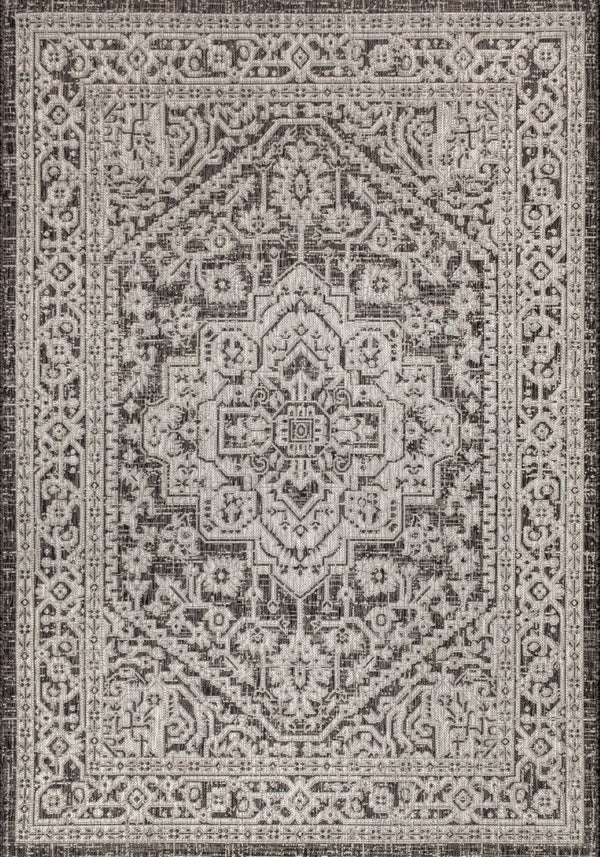 HomeRoots 5' Gray and Black Medallion Indoor-Outdoor Area Rug - Stylish, Durable, Easy to Clean for All Spaces 703831