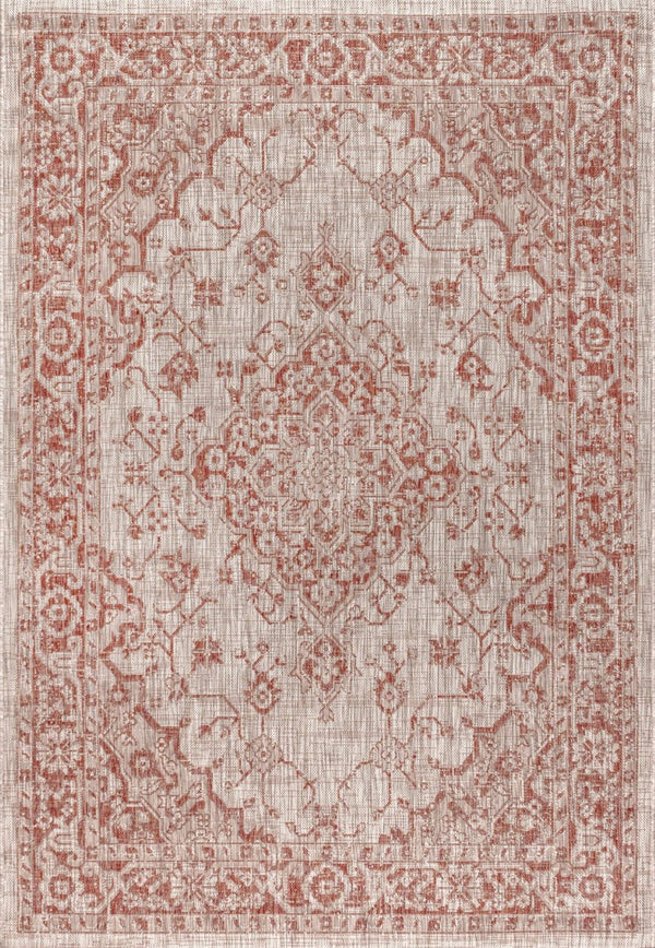 HomeRoots 5' X 8' Medallion Area Rug in Red & Taupe - Durable Indoor/Outdoor Design for Timeless Elegance 703836