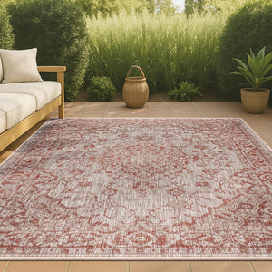HomeRoots 5' X 8' Medallion Area Rug in Red & Taupe - Durable Indoor/Outdoor Design for Timeless Elegance 703836