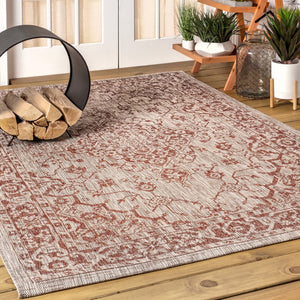 HomeRoots 5' X 8' Medallion Area Rug in Red & Taupe - Durable Indoor/Outdoor Design for Timeless Elegance 703836