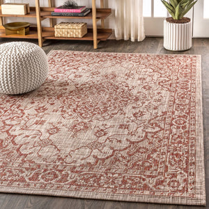 HomeRoots 5' X 8' Medallion Area Rug in Red & Taupe - Durable Indoor/Outdoor Design for Timeless Elegance 703836
