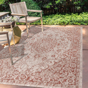 HomeRoots 5' X 8' Medallion Area Rug in Red & Taupe - Durable Indoor/Outdoor Design for Timeless Elegance 703836